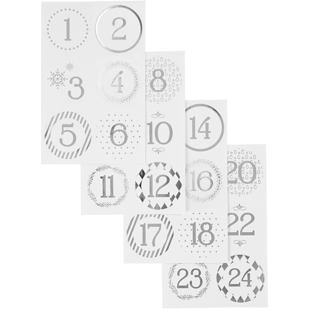 Kalendersiffror stickers 1- 24 Silver
